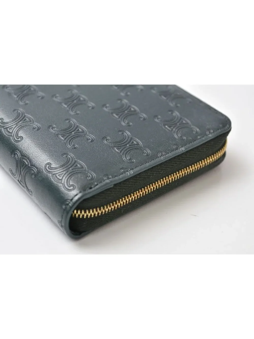 Celine Wallet Amazone Green Triomphe Embossed Large Zip Around Leather